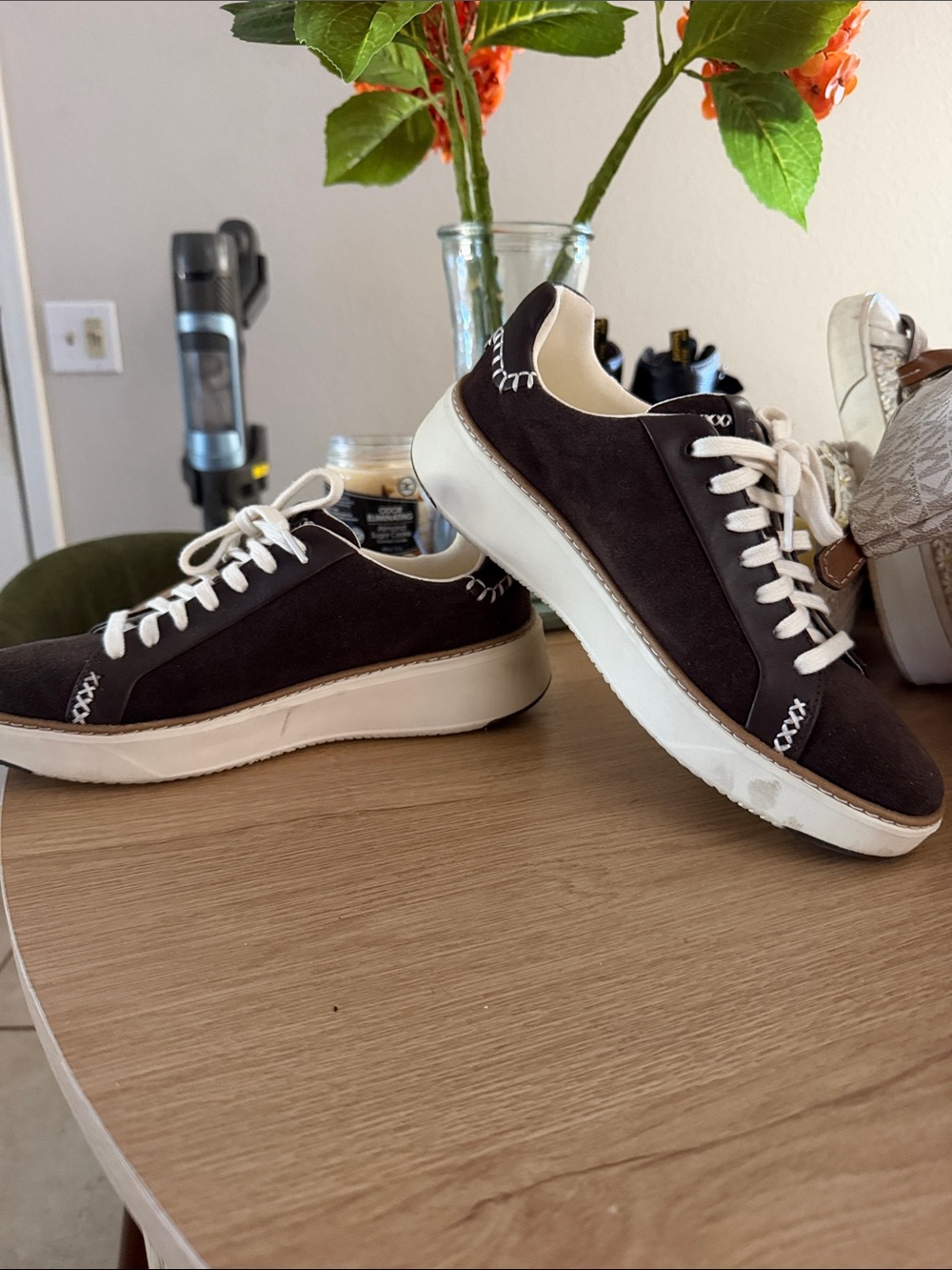 Cole Haan women’s Dark Brown Suede Lace-Up Sneakers with Cream Accents